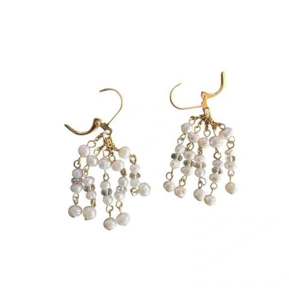 Gold Tone Pearl Dangle Earrings | Beaded Fringe Drop | Statement Earring - Picture 4 of 5
